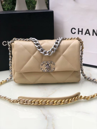 CHANEL 19 HANDBAG Shiny Leather, Gold-Tone, Silver-Tone & Ruthenium-Finish Metal Beige 26x16x9cm