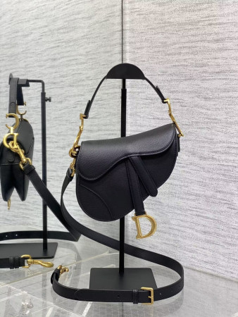 Dior MINI SADDLE BAG WITH STRAP Black Grained Calfskin 19 x 16 x 5 cm