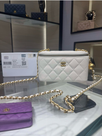 CHANEL Walnut Gold Ball Chain with Makeup Mirror Lamb Leather Square Box Shoulder Bag Women's White 17x 9.5x 8CM