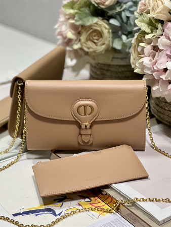 DIOR BOBBY EAST-WEST POUCH WITH CHAIN Latte Smooth Calfskin Amber