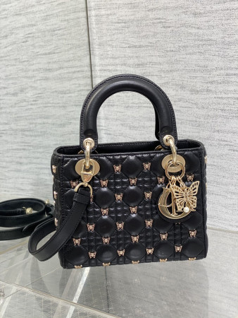SMALL LADY DIOR Black with Butterfly Studs