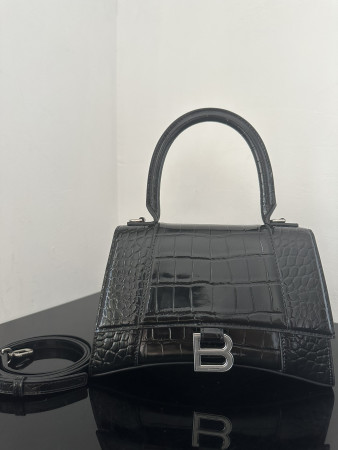 BALENCIAGA WOMEN'S HOURGLASS SMALL HANDBAG CROCODILE EMBOSSED IN BLACK L9 x H5.5 x W3.9 inch