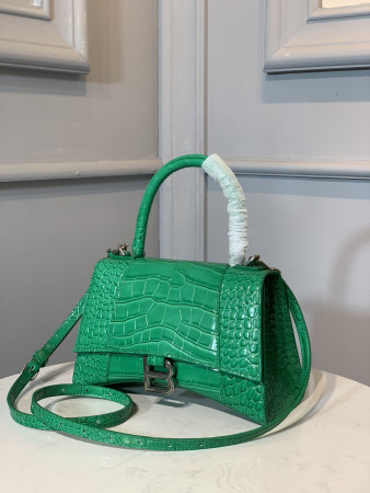 BALENCIAGA WOMEN'S HOURGLASS SMALL HANDBAG CROCODILE EMBOSSED IN GREEN L9 x H5.5 x W3.9 inch