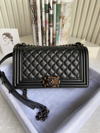 BOY CHANEL HANDBAG Shiny Grained Calfskin Black 5.9 × 9.8 × 3.5 in