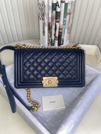 BOY CHANEL HANDBAG Shiny Grained Calfskin & Gold-Tone Metal Navy 5.9 × 9.8 × 3.5 in