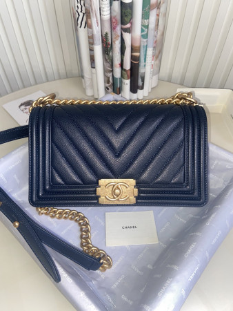 BOY CHANEL HANDBAG Shiny Grained Calfskin & Gold-Tone Metal Navy 5.9 × 9.8 × 3.5 in