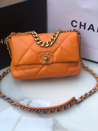 CHANEL 19 HANDBAG Shiny Leather, Gold-Tone, Silver-Tone & Ruthenium-Finish Metal Orange 6.2 × 10.1 × 3.5 in