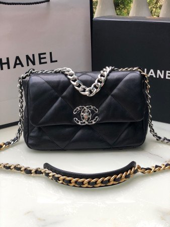 CHANEL 19 HANDBAG Shiny Leather, Gold-Tone, Silver-Tone & Ruthenium-Finish Metal Black 6.2 × 10.1 × 3.5 in