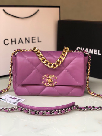 CHANEL 19 HANDBAG Shiny Leather, Gold-Tone, Silver-Tone & Ruthenium-Finish Metal Purple 6.2 × 10.1 × 3.5 in