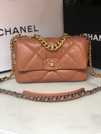CHANEL 19 HANDBAG Shiny Leather, Gold-Tone, Silver-Tone & Ruthenium-Finish Metal Caramel 6.2 × 10.1 × 3.5 in