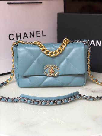 CHANEL 19 HANDBAG Shiny Leather, Gold-Tone, Silver-Tone & Ruthenium-Finish Metal Blue 6.2 × 10.1 × 3.5 in