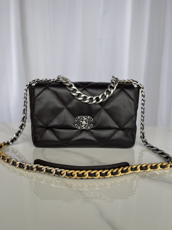 CHANEL 19 LARGE HANDBAG Shiny Leather Black, Gold-Tone, Silver-Tone & Ruthenium-Finish Metal 7.8 × 11.7 × 3.9 in
