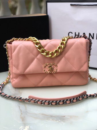 CHANEL 19 LARGE HANDBAG Shiny Leather, Gold-Tone, Silver-Tone & Ruthenium-Finish Metal Light Pink 7.8 × 11.7 × 3.9 in