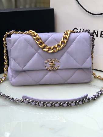 CHANEL 19 LARGE HANDBAG Shiny Leather, Gold-Tone, Silver-Tone & Ruthenium-Finish Metal Purple 7.8 × 11.7 × 3.9 in