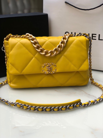 CHANEL 19 LARGE HANDBAG Shiny Leather, Gold-Tone, Silver-Tone & Ruthenium-Finish Metal Yellow 7.8 × 11.7 × 3.9 in
