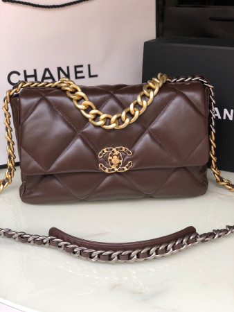 CHANEL 19 LARGE HANDBAG Shiny Leather, Gold-Tone, Silver-Tone & Ruthenium-Finish Metal Brown 7.8 × 11.7 × 3.9 in