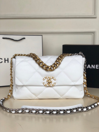 CHANEL 19 LARGE HANDBAG Shiny Leather, Gold-Tone, Silver-Tone & Ruthenium-Finish Metal White 7.8 × 11.7 × 3.9 in