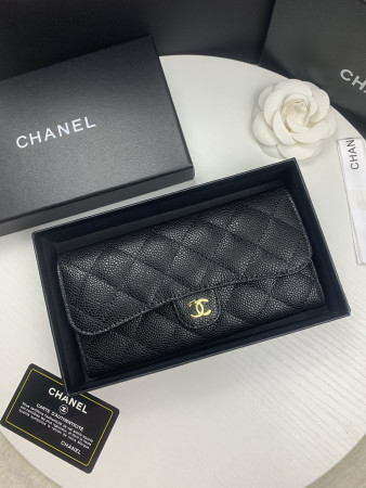 CHANEL FLAP WALLET GRAINED LEATHER BLACK GOLD 19.5 x10 cm
