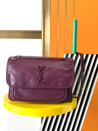 YSL NIKI MEDIUM IN VINTAGE LEATHER PURPLE 11 X 7.8 X 3.3 INCHES