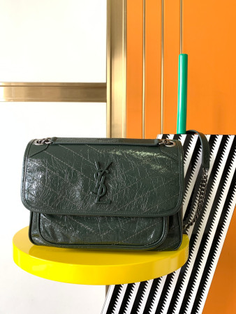 YSL NIKI MEDIUM IN VINTAGE LEATHER dark green 11 X 7.8 X 3.3 INCHES