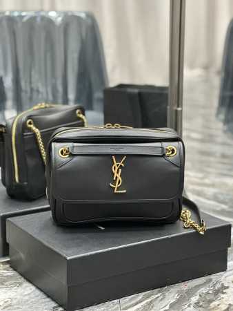 YSL NIKI MEDIUM IN VINTAGE LEATHER BLACK GOLD 11 X 7.8 X 3.3 INCHES