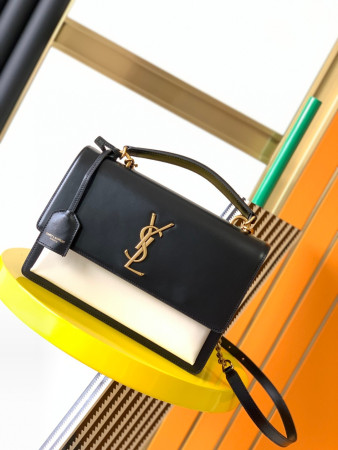YSL SUNSET LARGE IN SMOOTH LEATHER BLACK WHITE 10.6 X 7 X 3.1 INCHES
