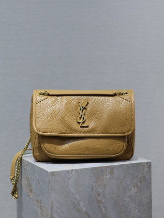 YSL NIKI MEDIUM IN VINTAGE LEATHER DARK CORK 11 X 7.8 X 3.3 INCHES