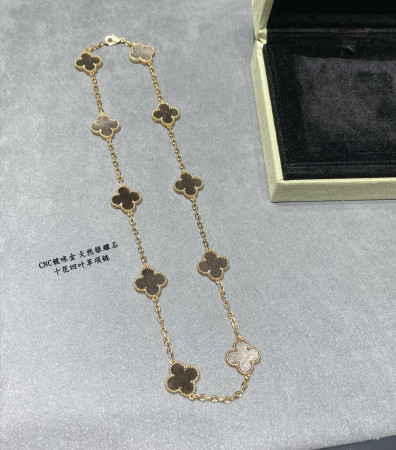 Van Cleef & Arpels Natural silver obsidian ten flower four leaf clover Necklace(No refund or exchange)
