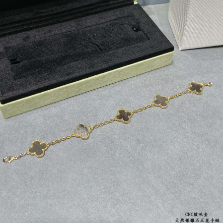 Van Cleef & ArpelsNatural silver obsidian five-flower four-leaf clover Bracelet(No refund or exchange)