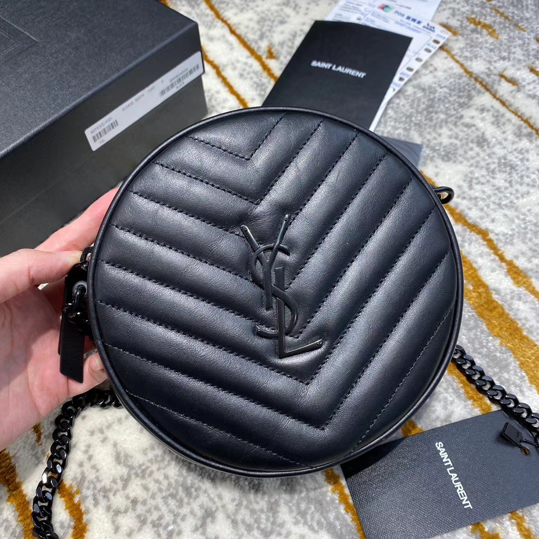 YSL VINYLE ROUND CAMERA BAG IN CHEVRON-QUILTED SMOOTH LEATHER