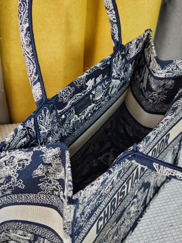 LARGE DIOR BOOK TOTE Blue and Ecru Toile de Jouy Reverse Embroidery 16.5 x 14 x 7.5 inches
