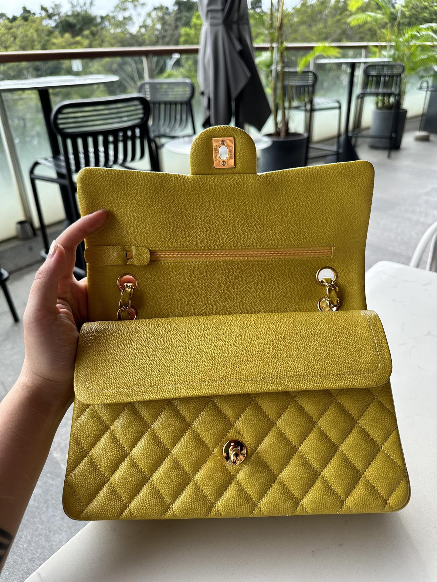 CHANEL CLASSIC HANDBAG GRAINED CALFSKIN & GOLD-TONE METAL yellow 6×9.9×2.5 in