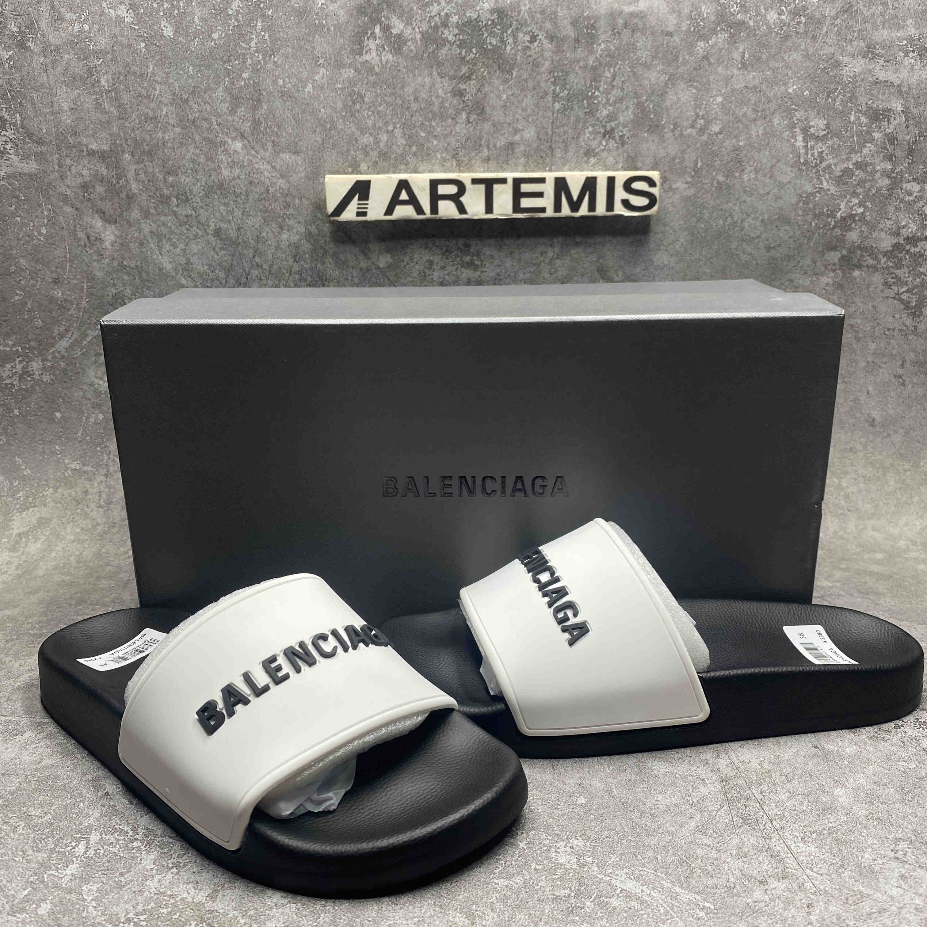 Balenciaga Pool Slides Logo White Black