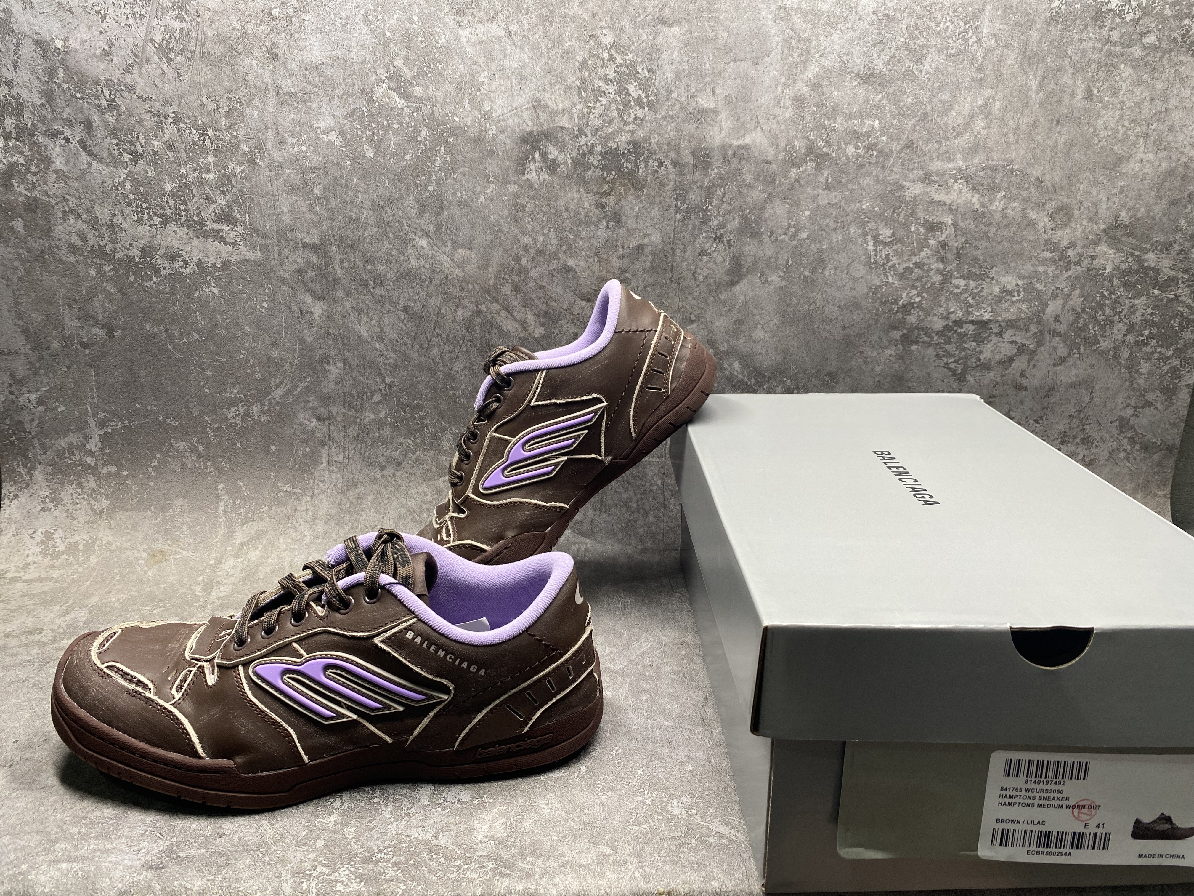 UA Balenciaga Hamptons Medium Worn-out Sneaker in Brown/lilac(run one size large)