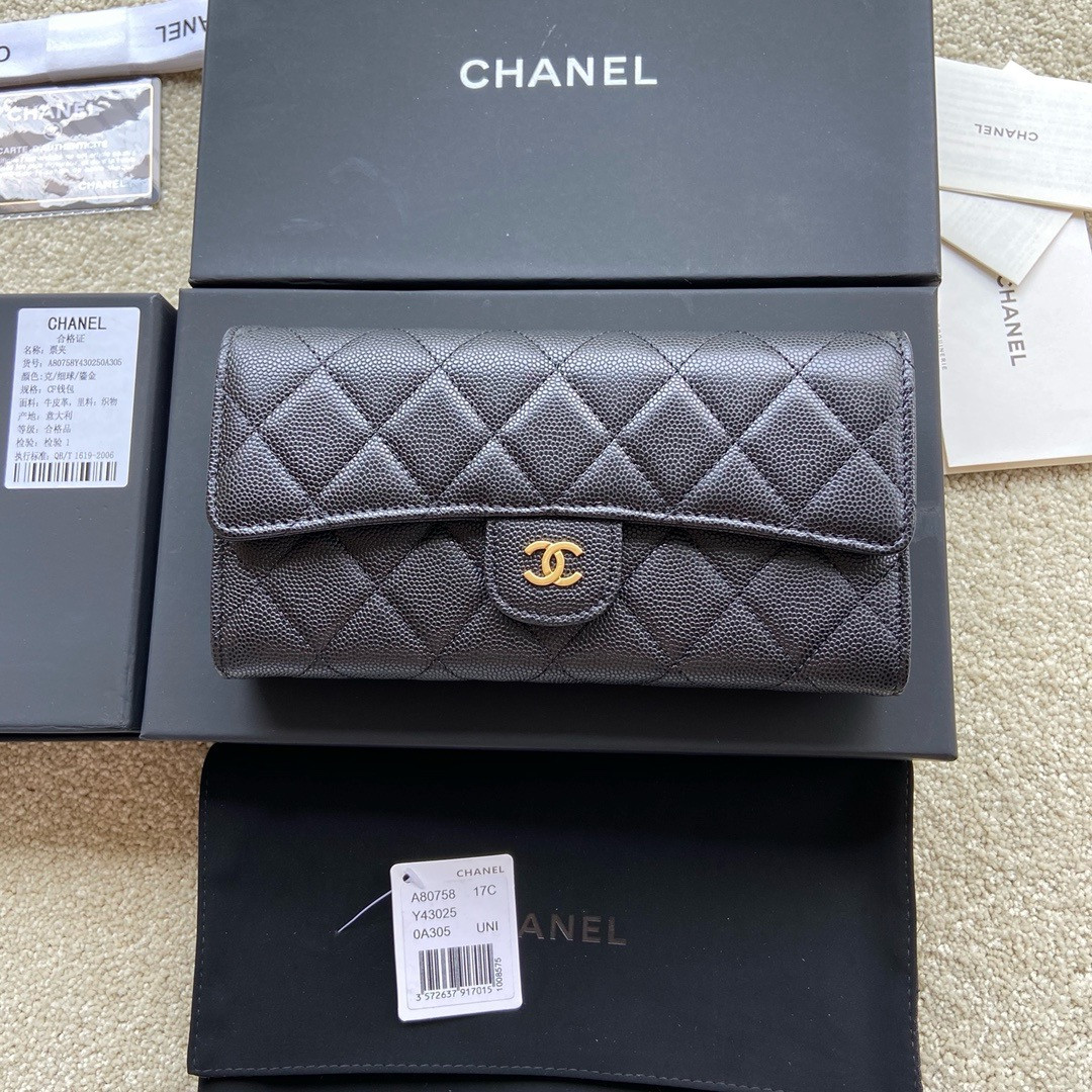 CHANEL FLAP WALLET GRAINED LEATHER BLACK GOLD 19.5 x10 cm