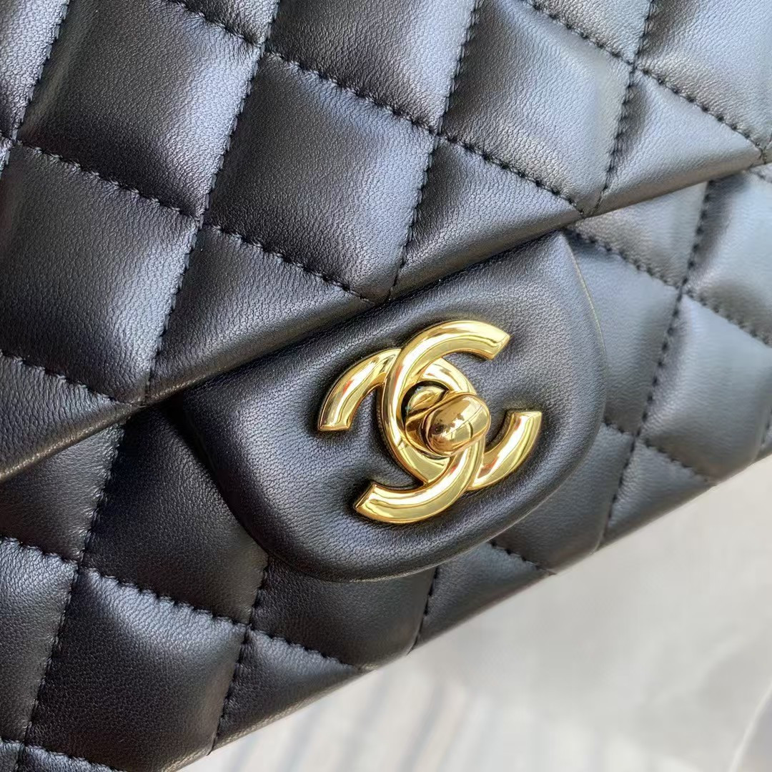 Chanel Mini Classic Handbag Lambskin & Gold-Tone Metal Black 5.3 × 6.6 × 3.1 in