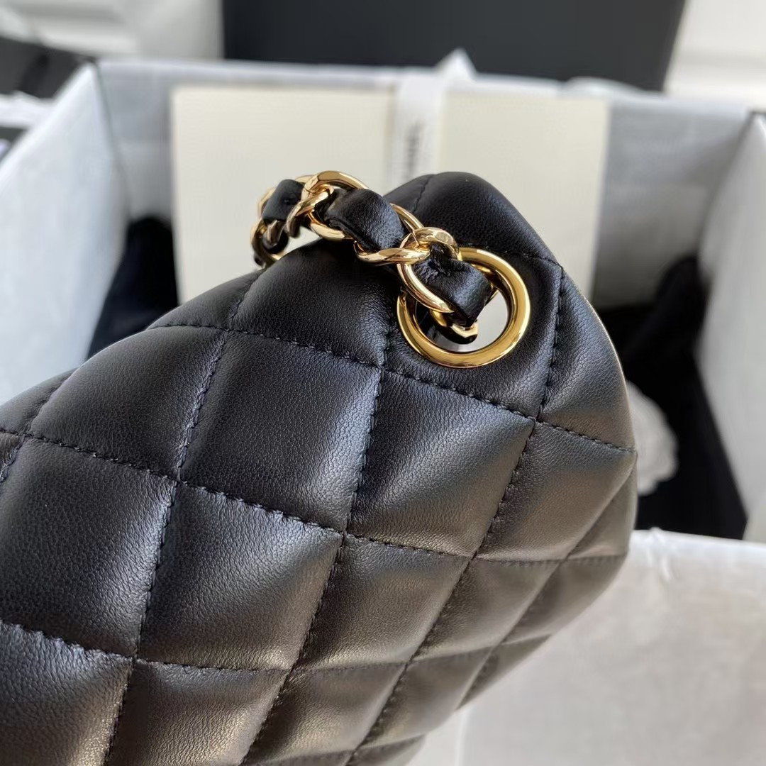 Chanel Mini Classic Handbag Lambskin & Gold-Tone Metal Black 5.3 × 6.6 × 3.1 in