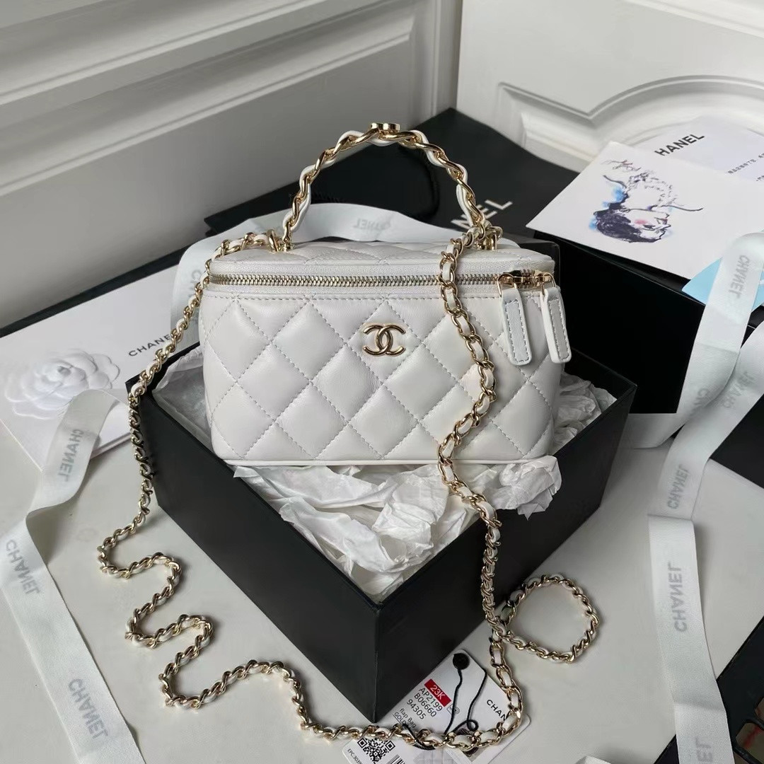 CHANEL Gold Chain with Makeup Mirror Lamb Leather Square Box Shoulder Bag Women's White