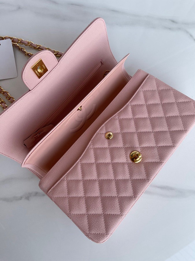 CHANEL CLASSIC HANDBAG GRAINED CALFSKIN & GOLD-TONE METAL PINK 6 × 9.9 × 2.5 in