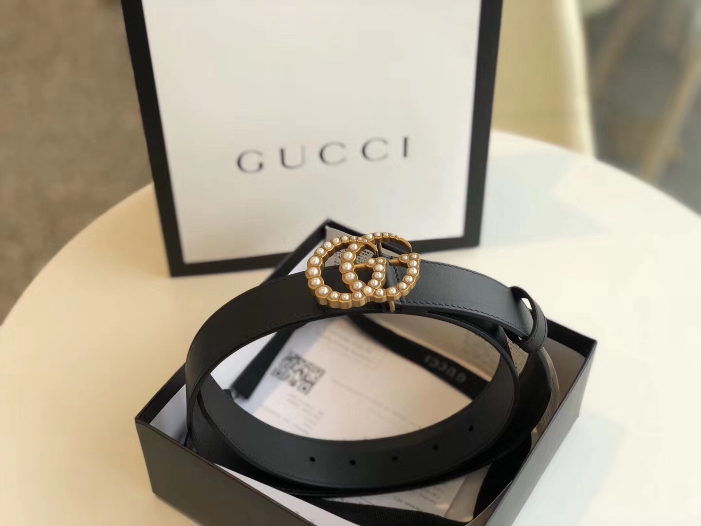 Gucci Leather belt with pearl Double G women belt