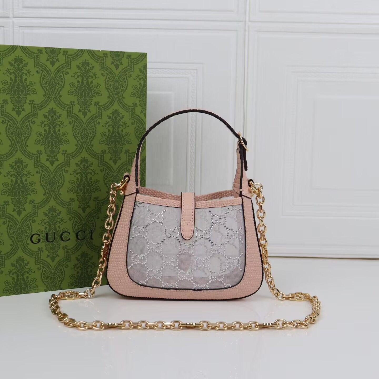 Gucci Jackie 1961 mini crystal GG lizard bag 19x13x3cm