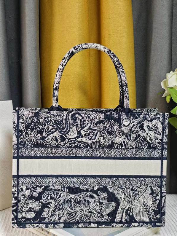 LARGE DIOR BOOK TOTE Blue and Ecru Toile de Jouy Reverse Embroidery 16.5 x 14 x 7.5 inches