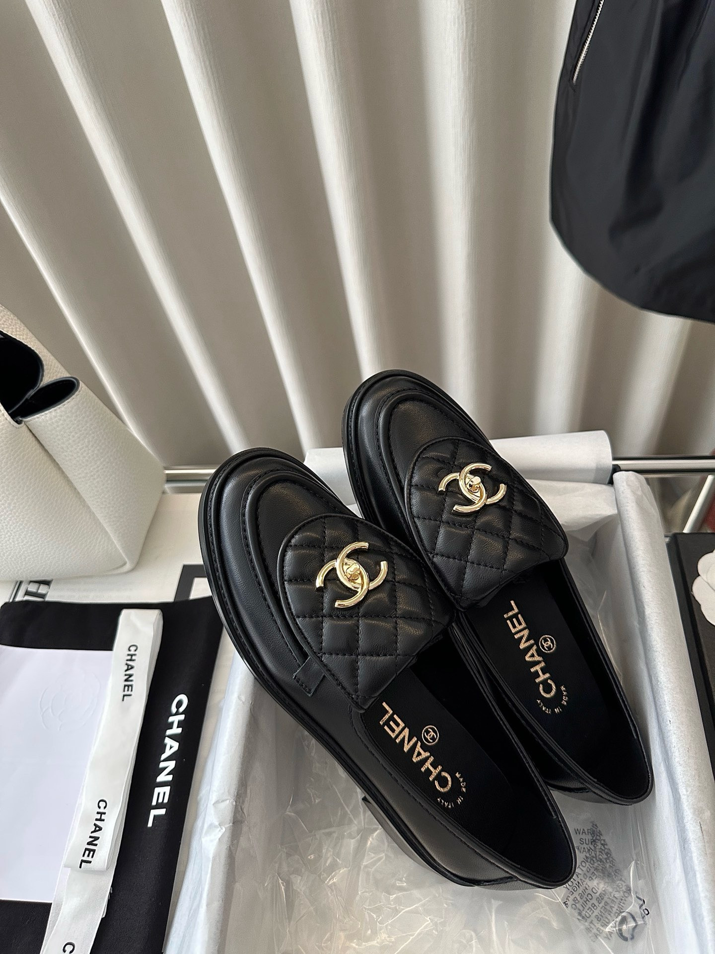 Chanel Quilted Tab Loafers Black Leather