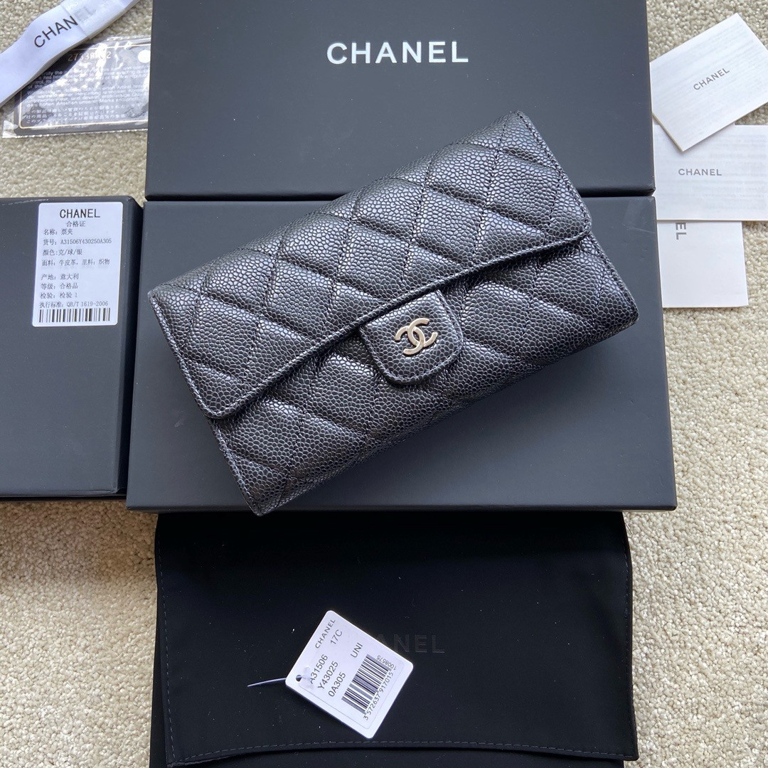 CHANEL FLAP WALLET GRAINED LEATHER BLACK 19.5 x10 cm