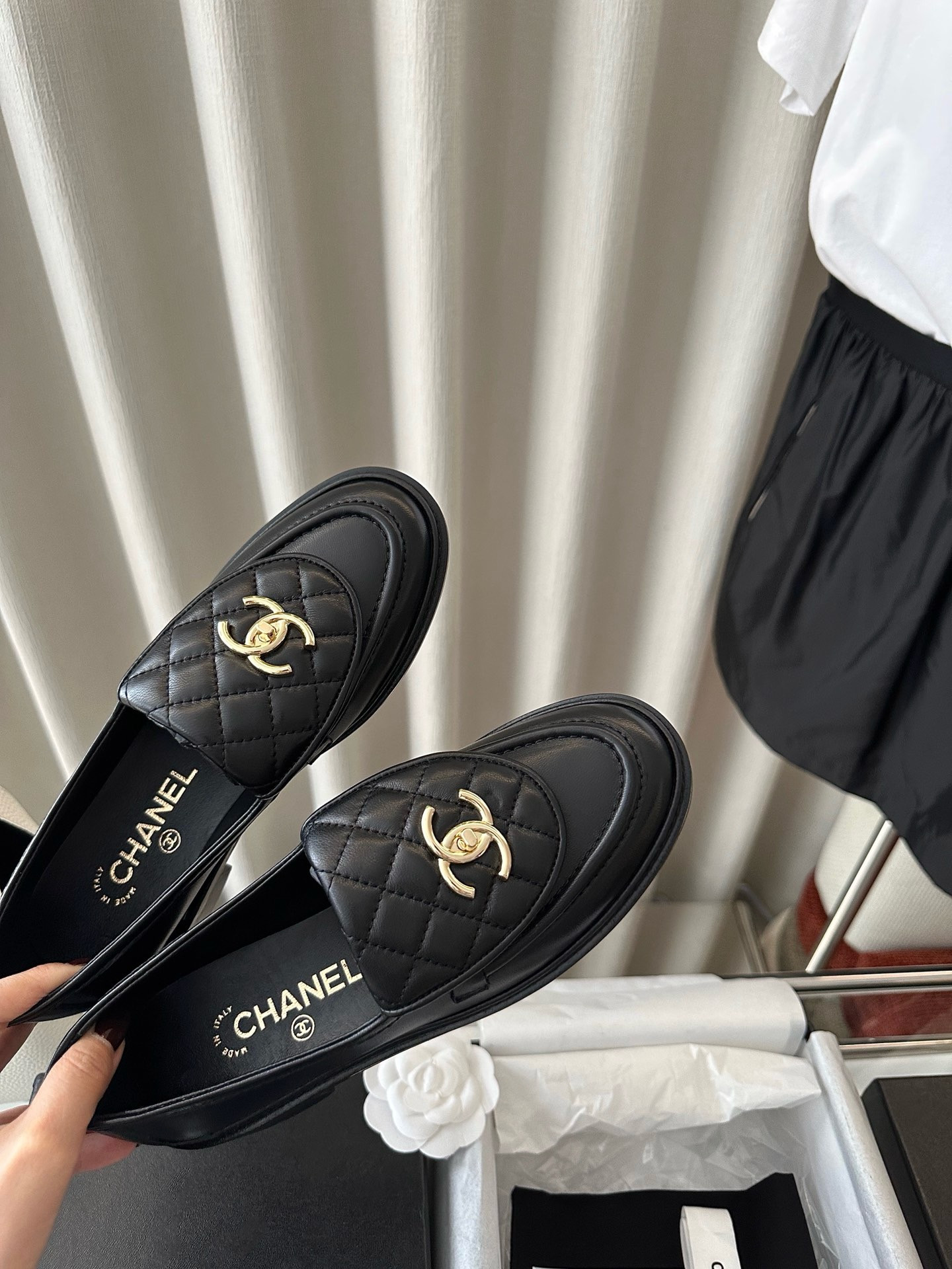 Chanel Quilted Tab Loafers Black Leather