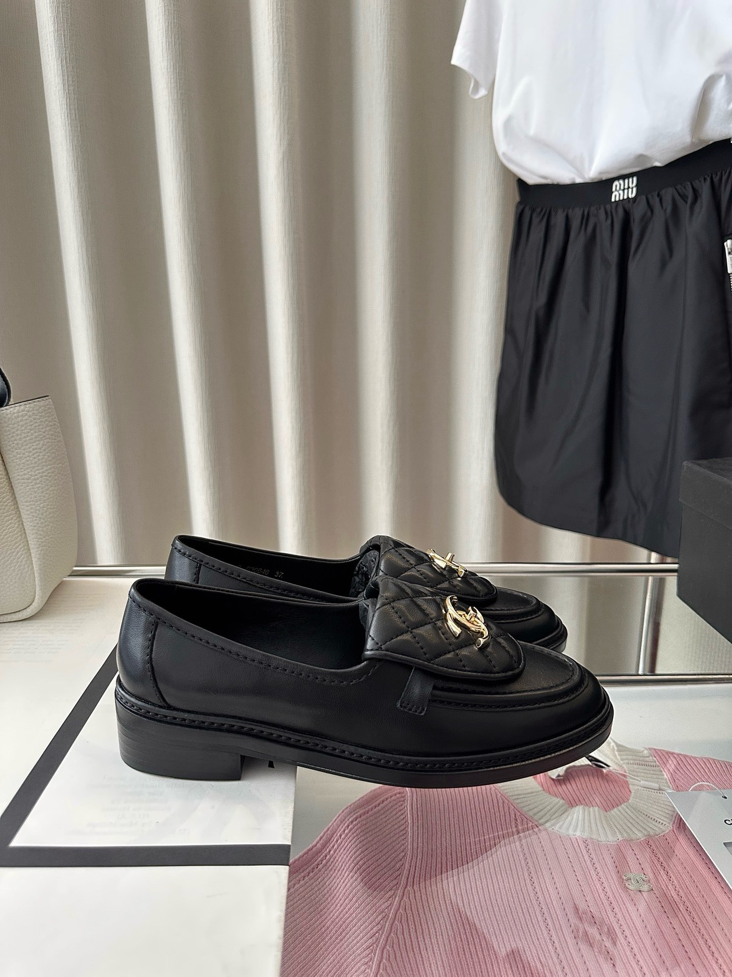 Chanel Quilted Tab Loafers Black Leather