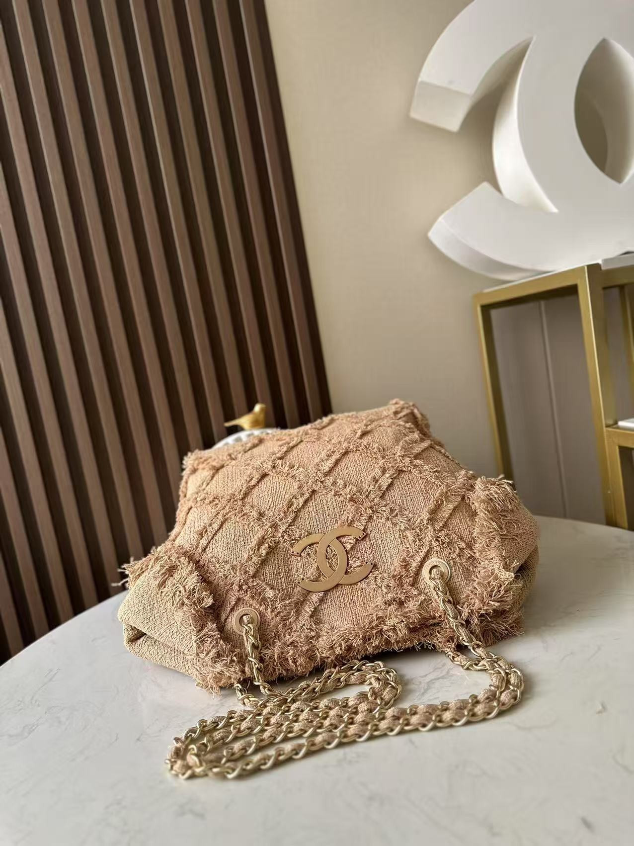 Chanel Vintage Linen Tassel Tote Straw Bag 48x35x17cm