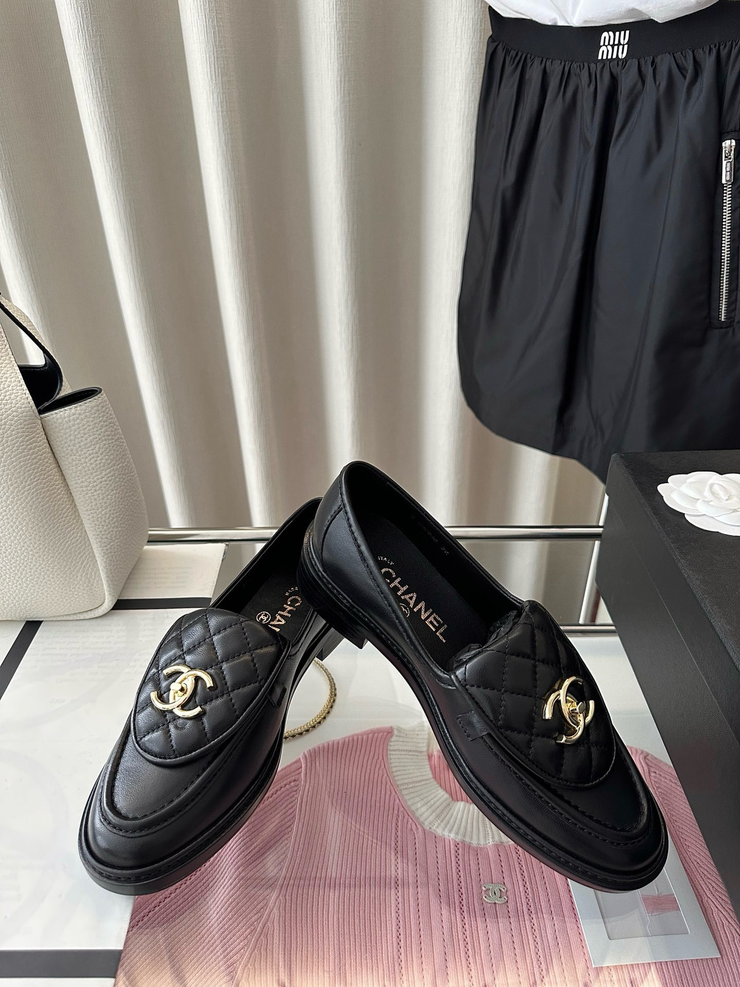 Chanel Quilted Tab Loafers Black Leather