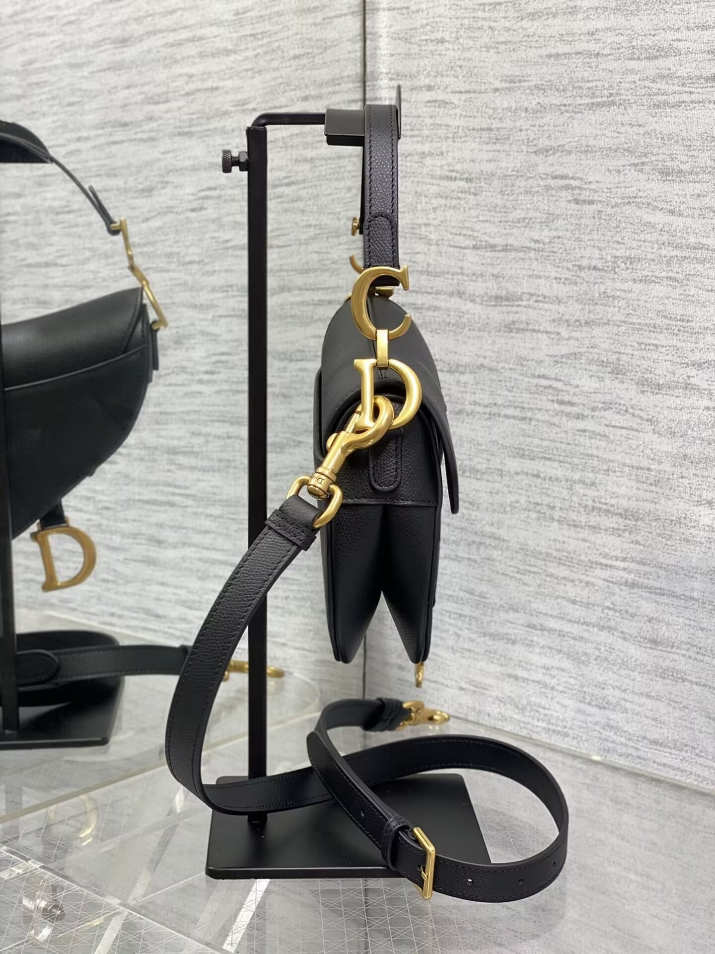 Dior MINI SADDLE BAG WITH STRAP Black Grained Calfskin 19 x 16 x 5 cm