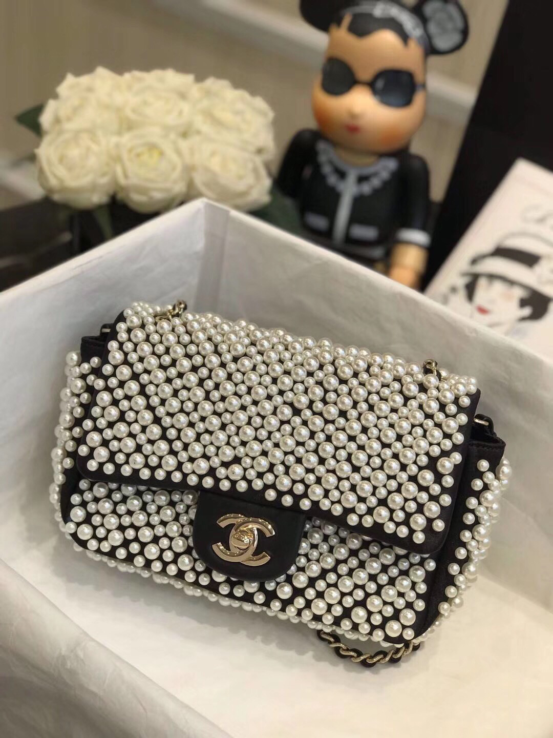 Chanel pearl on flap bag 5.9